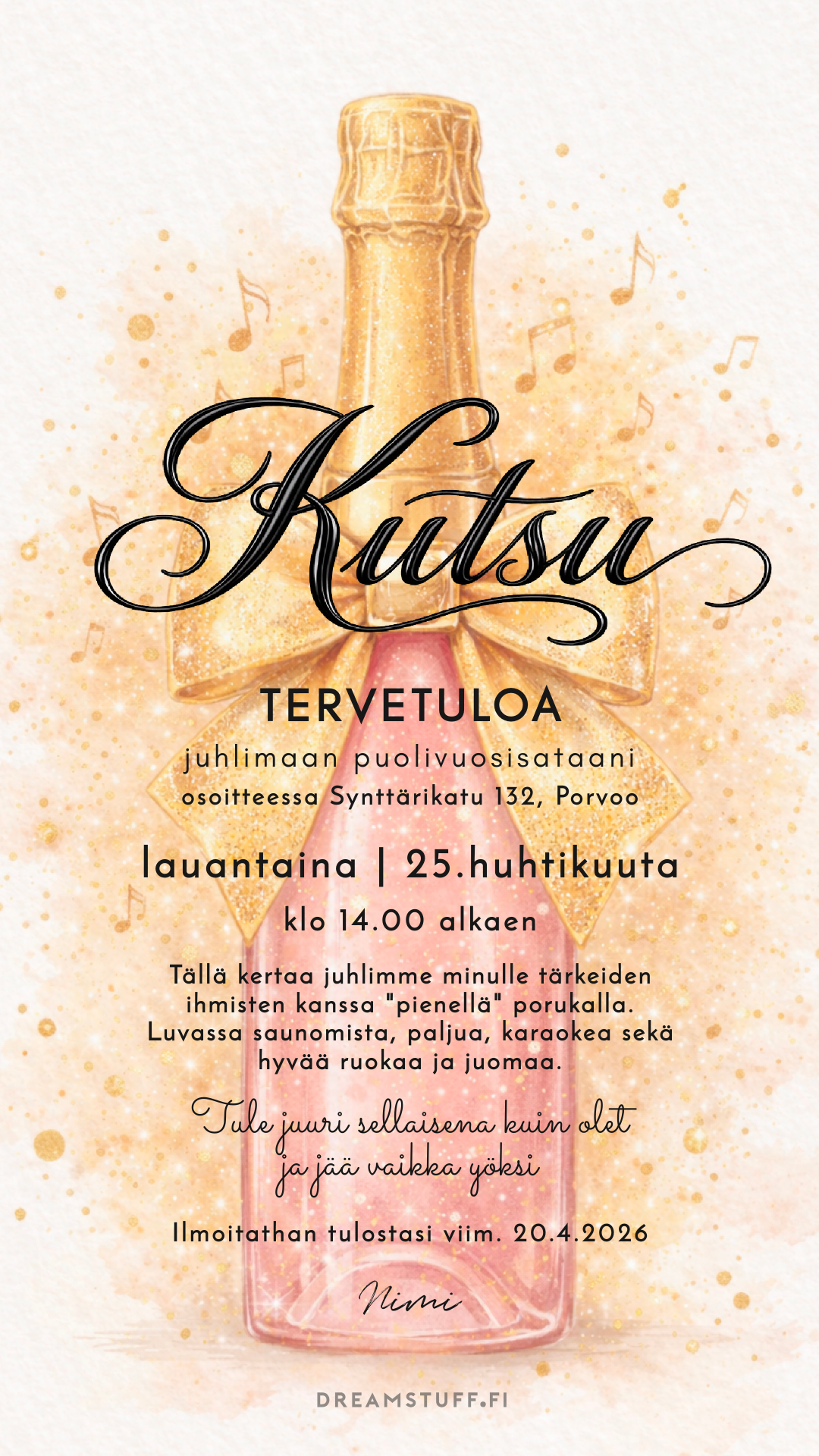 juhlakutsu aikuisille digitaalinen kutsupohja pinkki skumppapullo