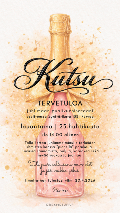 juhlakutsu aikuisille digitaalinen kutsupohja pinkki skumppapullo