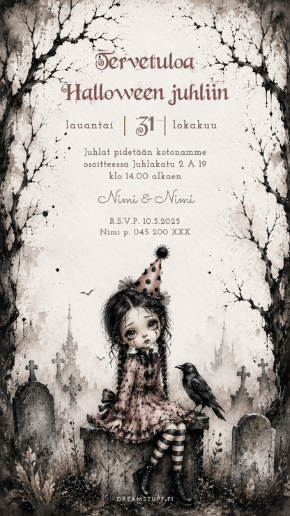 Digitaalinen Halloween kutsu – Klovni tyttö | Muokattava kutsu (JPG)