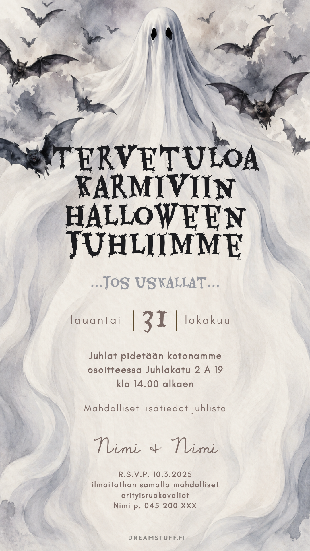 Muokattava digitaalinen Halloween-kutsu, jossa valkoinen haamu ja lentävät lepakot kehystävät juhlatiedot.