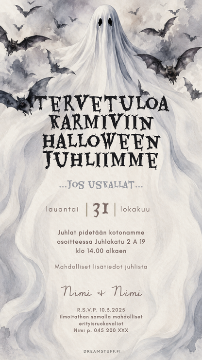 Muokattava digitaalinen Halloween-kutsu, jossa valkoinen haamu ja lentävät lepakot kehystävät juhlatiedot.