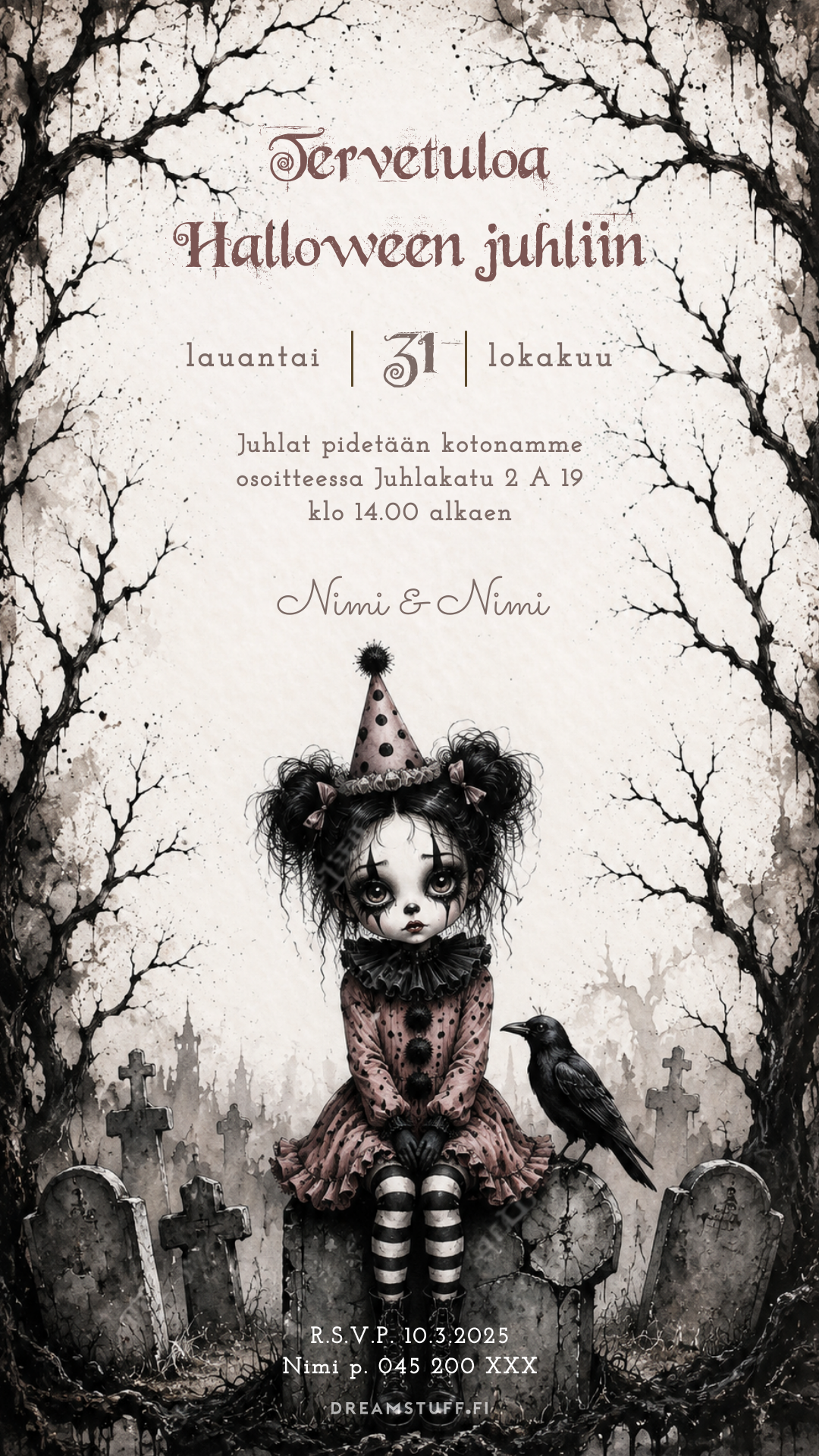 Digitaalinen Halloween-kutsu – sähköinen kutsu Halloween-juhliin, goottityylinen Halloween-clown, korppi ja hautausmaa