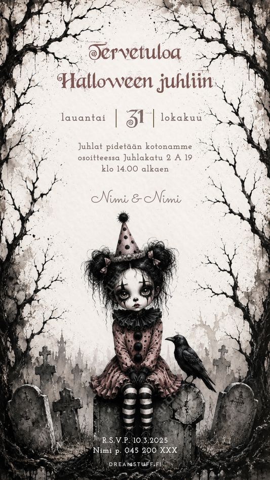 Digitaalinen Halloween-kutsu – sähköinen kutsu Halloween-juhliin, goottityylinen Halloween-clown, korppi ja hautausmaa