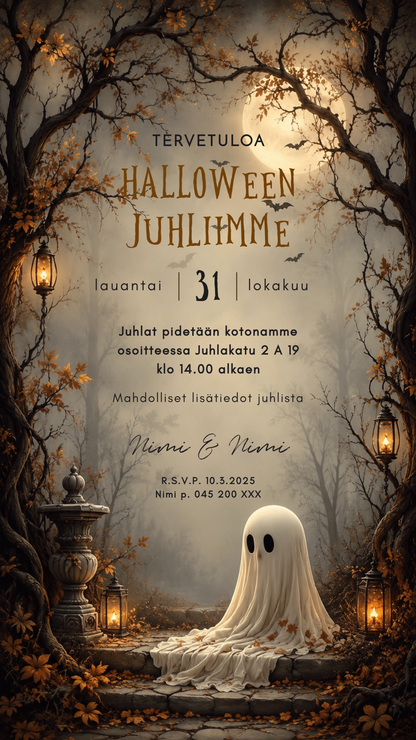 Digitaalinen Halloween kutsu – Kummitus portailla | Muokattava kutsu (JPG)