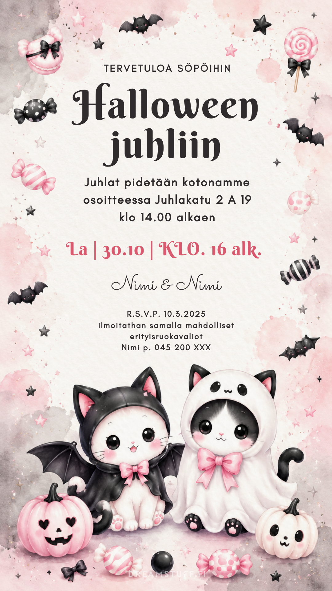 Sähköinen Halloween-kutsu lasten juhliin, koristeena söpöt lepakkokissaksi ja kummitukseksi pukeutuneet kissat, vaaleanpunaiset kurpitsat ja karkit.