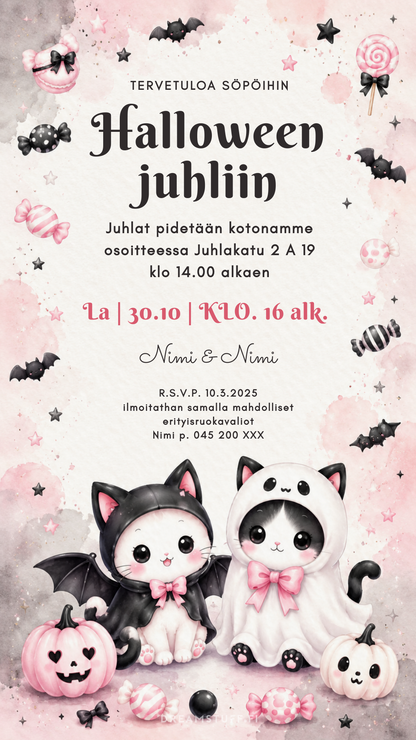 Sähköinen Halloween-kutsu lasten juhliin, koristeena söpöt lepakkokissaksi ja kummitukseksi pukeutuneet kissat, vaaleanpunaiset kurpitsat ja karkit.