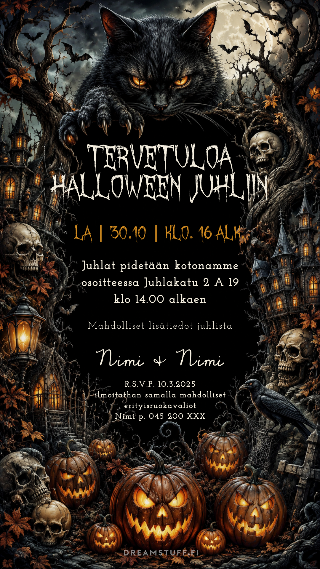 Sähköinen Halloween-kutsu pelottavalla mustalla kissalla, hohtavilla kurpitsoilla, pääkalloilla ja kummitustaloilla.