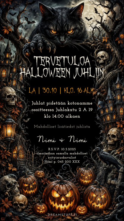 Sähköinen Halloween-kutsu pelottavalla mustalla kissalla, hohtavilla kurpitsoilla, pääkalloilla ja kummitustaloilla.