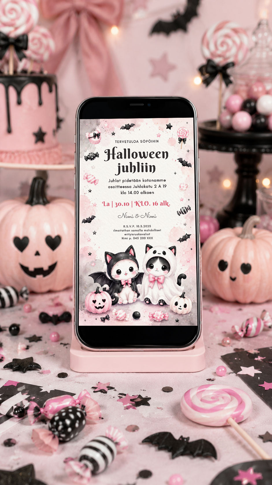 Digitaalinen Halloween-kutsu kännykän näytöllä vaaleanpunaisessa lasten Halloween-juhlakattauksessa, jossa on kurpitsoja, karkkeja ja lepakkokoristeita.