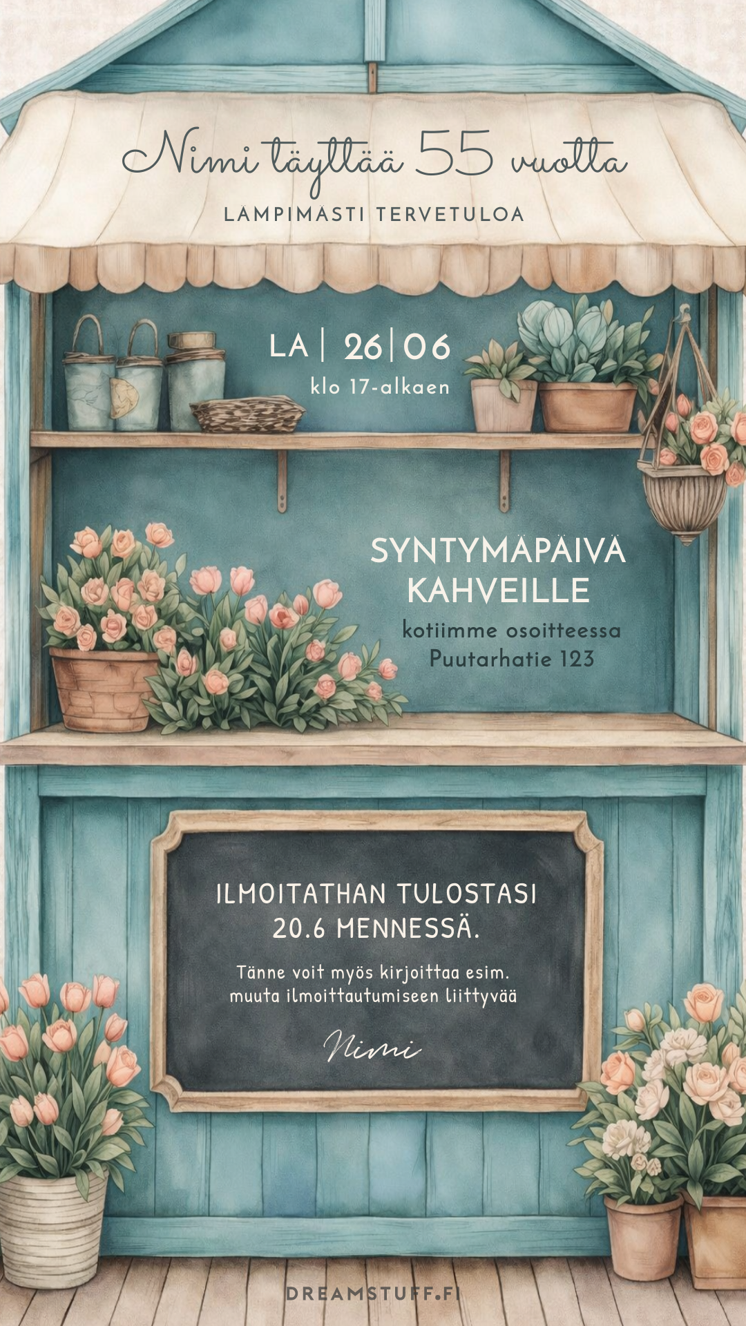 Digitaalinen syntymäpäiväkutsu – Puutarhakukat | Muokattava kutsu JPG
