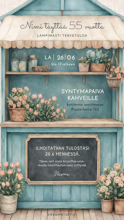 Digitaalinen syntymäpäiväkutsu – Puutarhakukat | Muokattava kutsu JPG