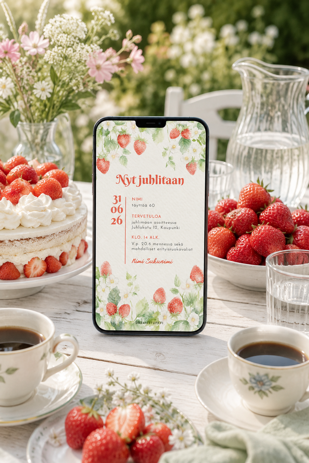 Digitaalinen mansikkateemainen juhlakutsu älypuhelimen näytöllä kesäisessä puutarhaympäristössä. Puhelin on asetettu vaalealle skandinaaviselle puutarhapöydälle mansikkakakun, tuoreiden mansikoiden, kahvikuppien, vesilasien ja kukkien keskelle. Taustalla näkyy aurinkoinen kesäpuutarha. Kutsupohjassa on vesivärityylisiä mansikoita ja mansikankukkia valkoisella kartonkipohjalla.