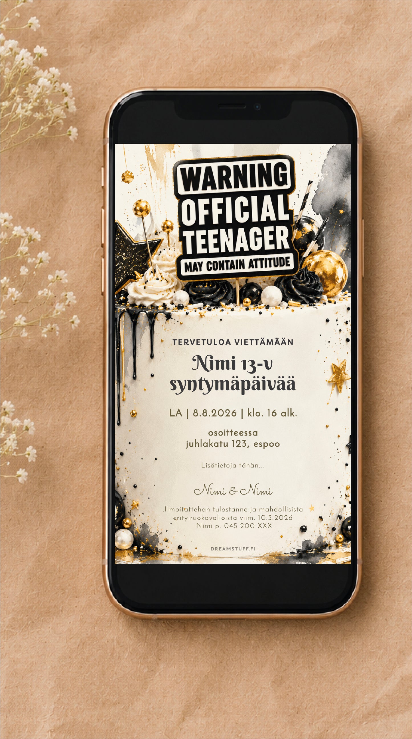 Digitaalinen teinisyntymäpäiväkutsu kännykän näytöllä, mustavalkokultainen Warning Official Teenager -kakkuteema.
