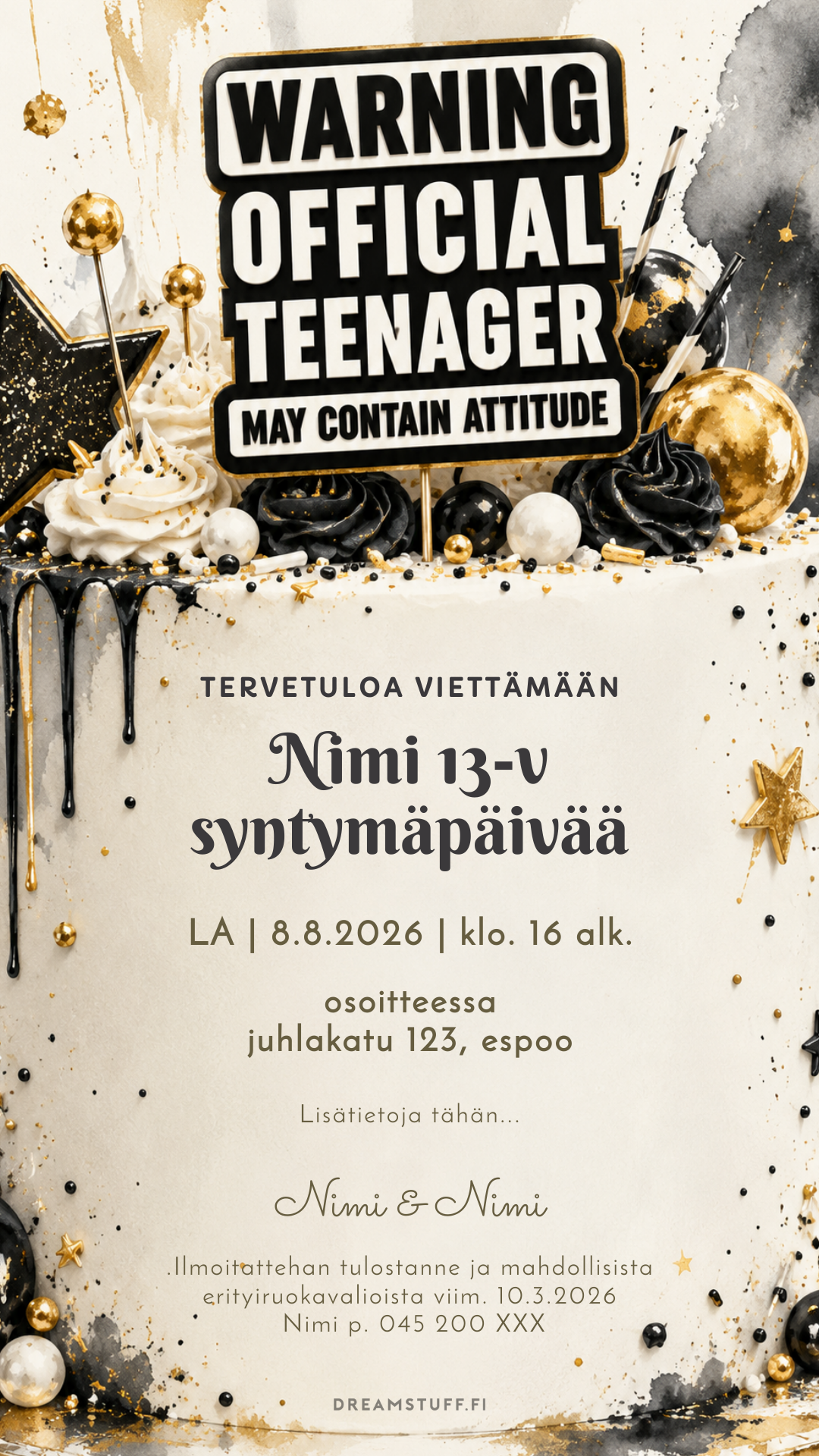 Mustavalkokultainen digitaalinen kutsu 13-vuotiaan syntymäpäiville, koristeena Warning Official Teenager -kakkukoriste.
