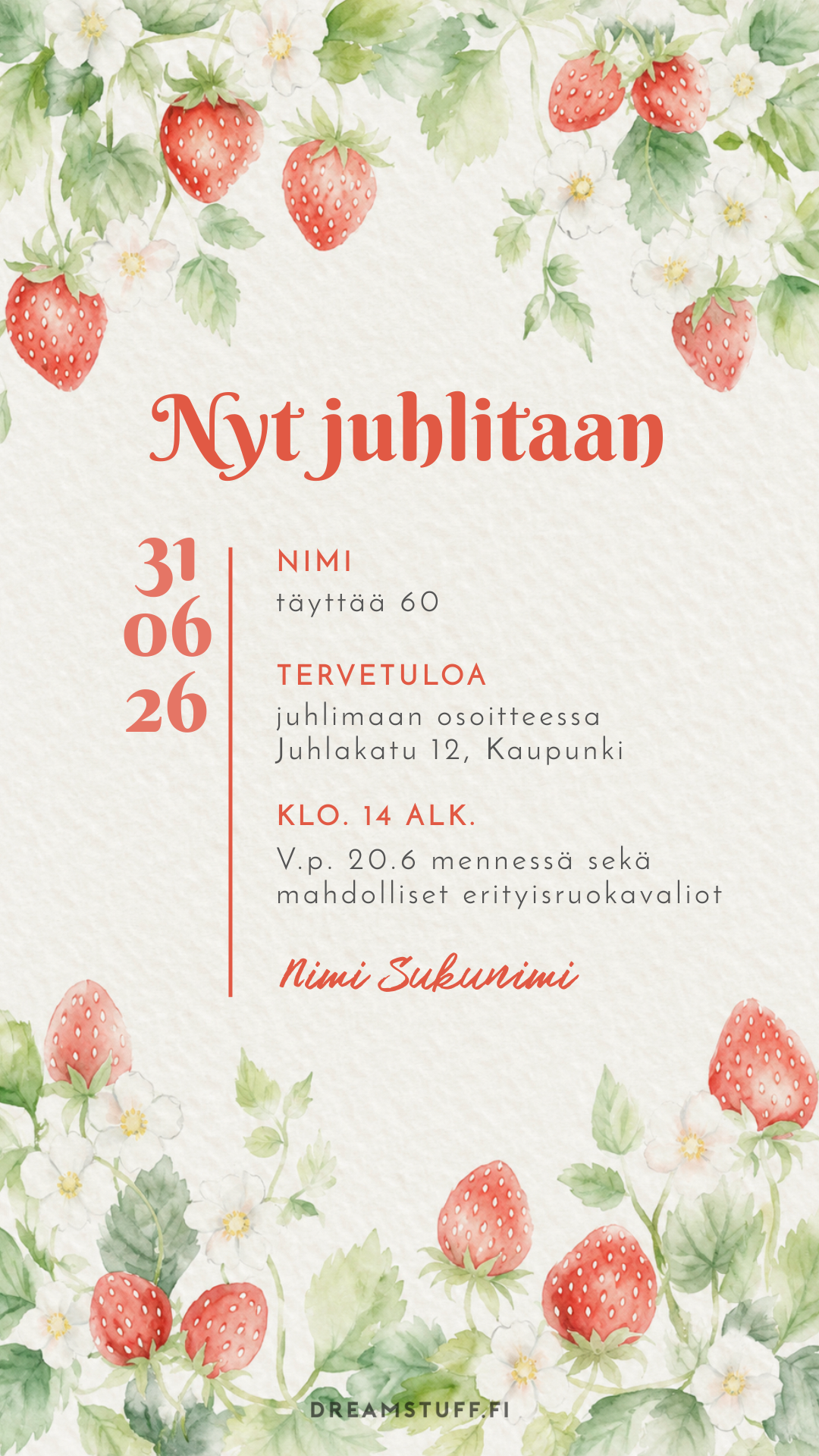 Digitaalinen kutsu – Mansikat | Muokattava kutsu JPG
