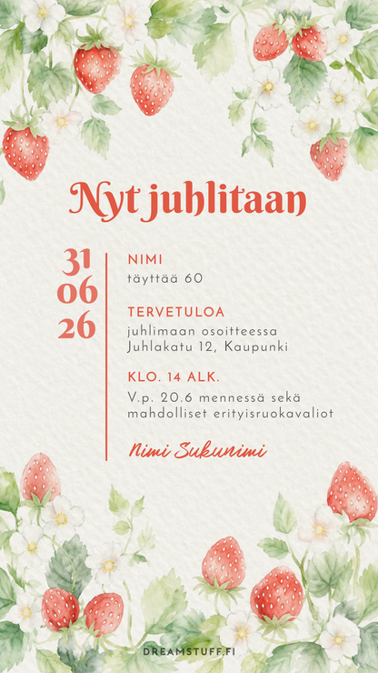 Digitaalinen kutsu – Mansikat | Muokattava kutsu JPG