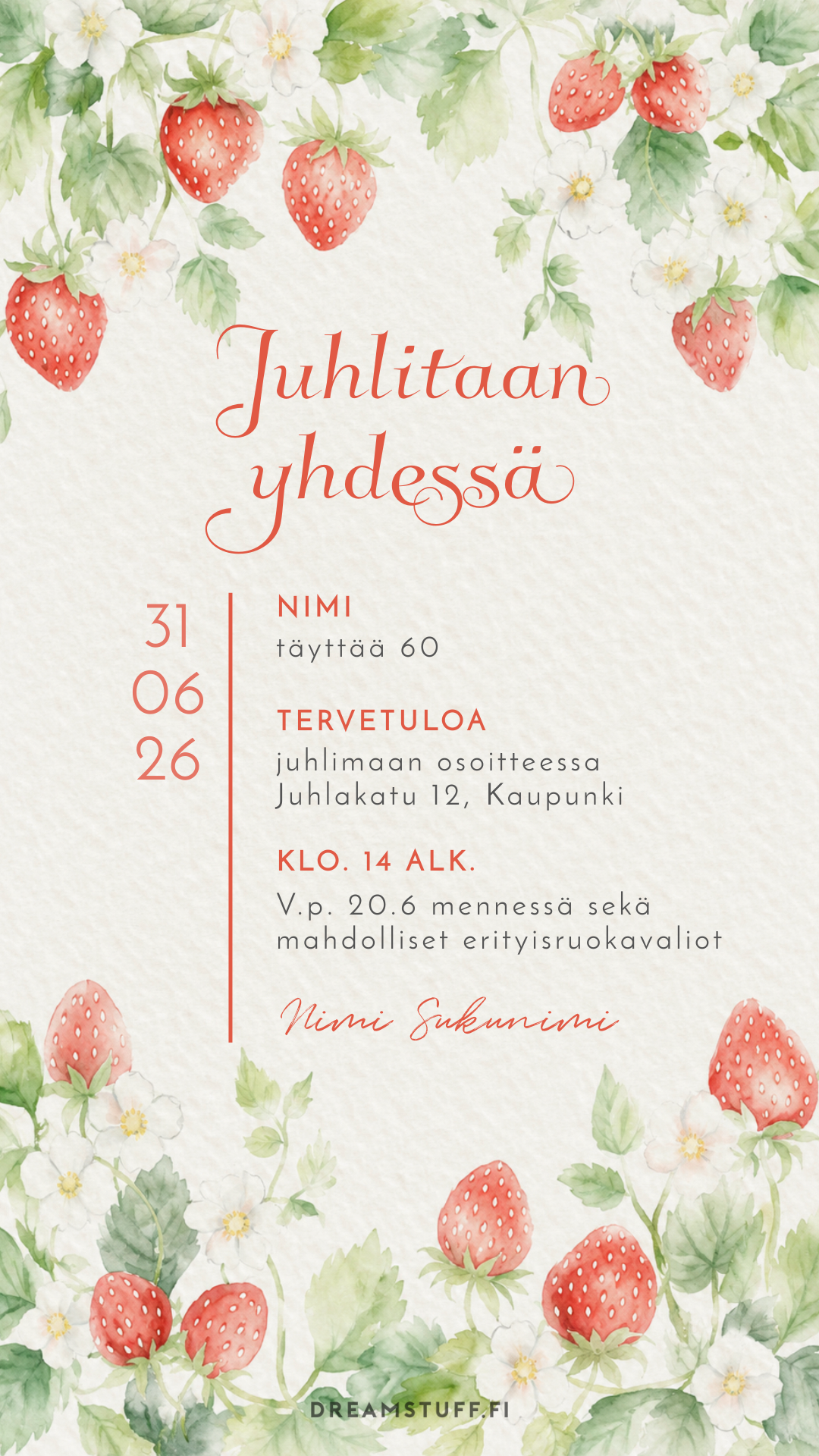 Digitaalinen kutsu – Mansikat | Muokattava kutsu JPG