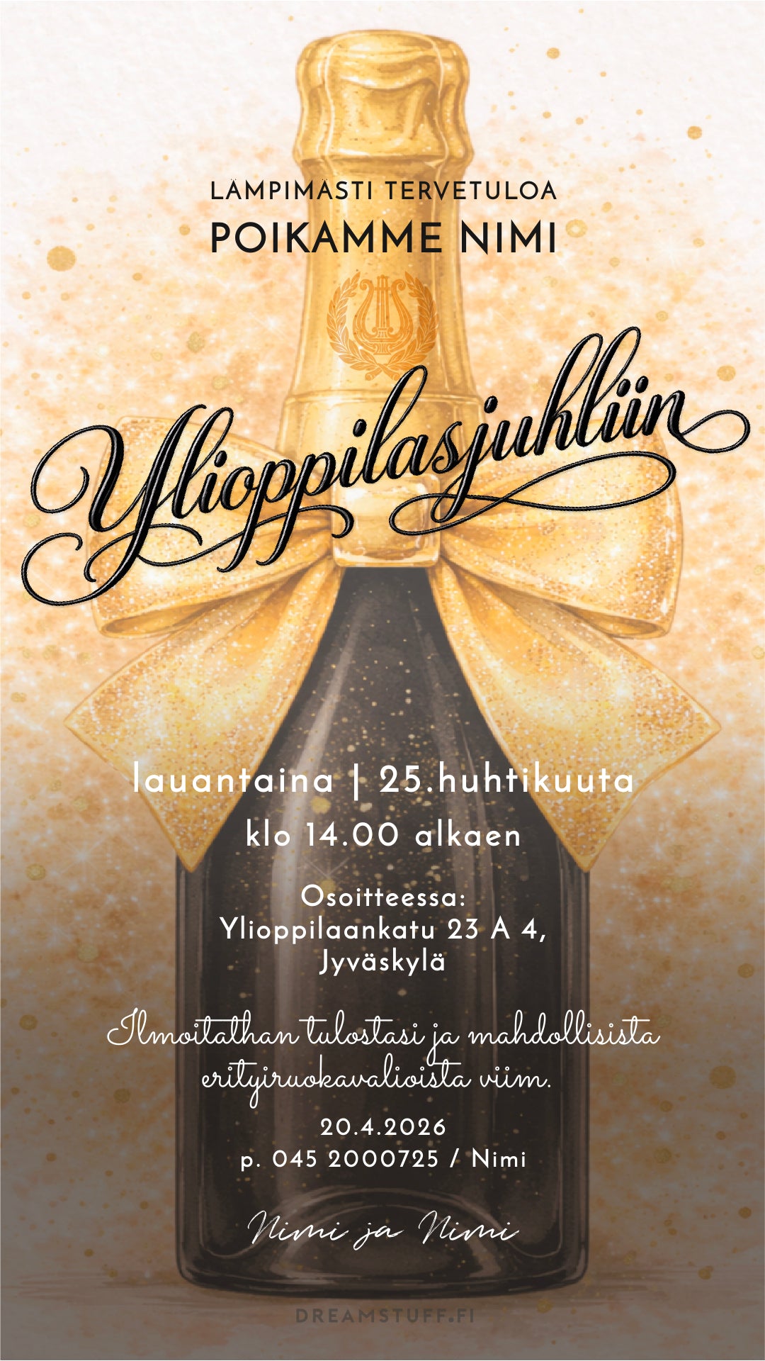 Digitaalinen ylioppilaskutsu – Musta skumppa | Muokattava kutsu JPG