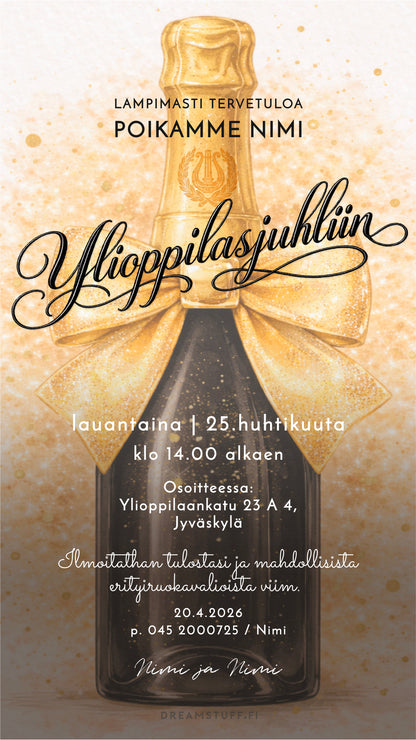 Digitaalinen ylioppilaskutsu – Musta skumppa | Muokattava kutsu JPG