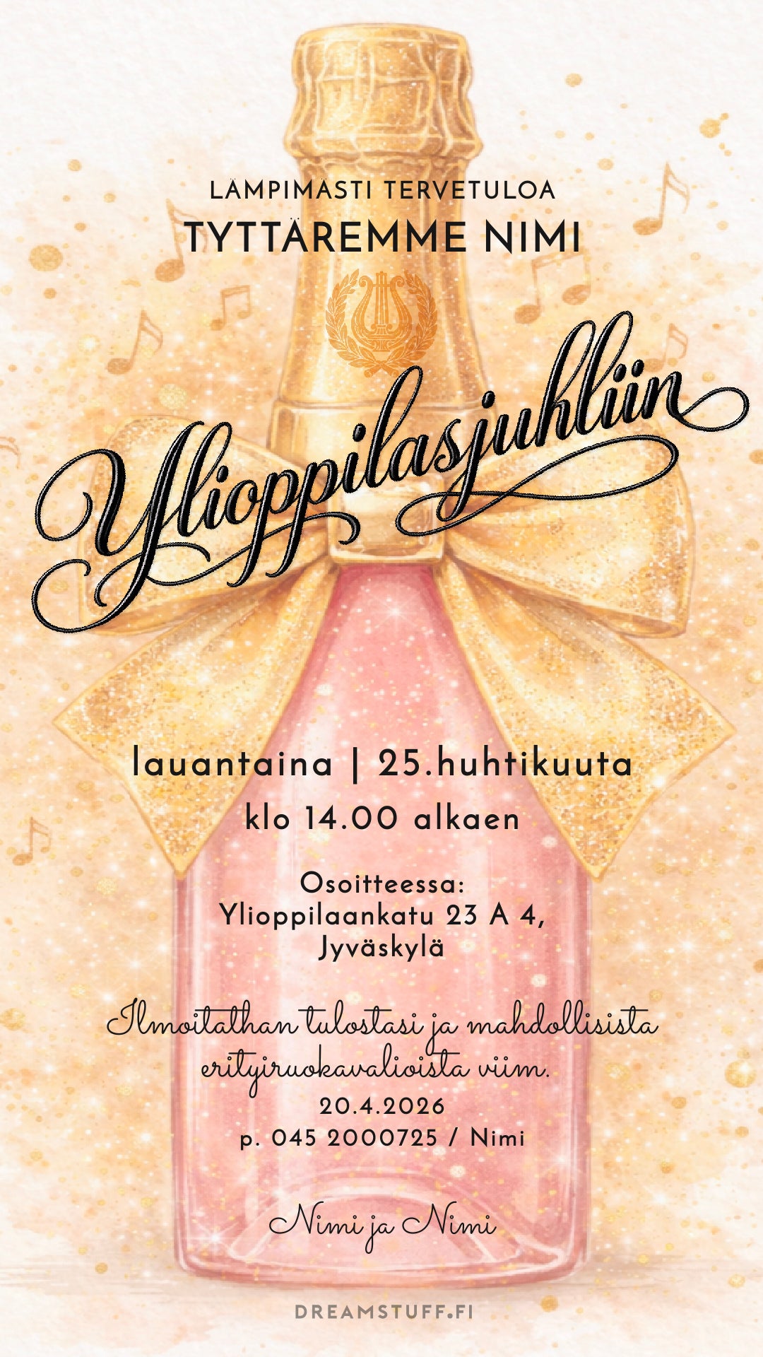 Ylioppilasjuhlat kutsu idea, valmis digitaalinen kutsu joka tehdään nopeasti ja lähetetään heti vieraille