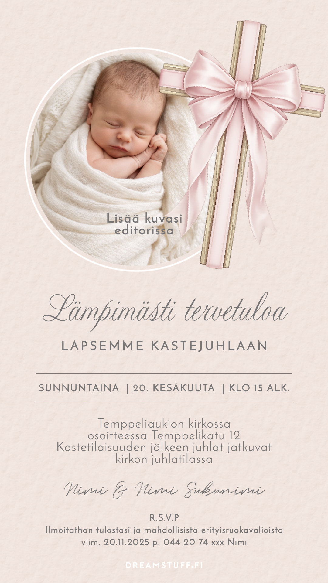 Digitaalinen kutsu kastejuhlaan - Rusettiristi vaaleanpunainen