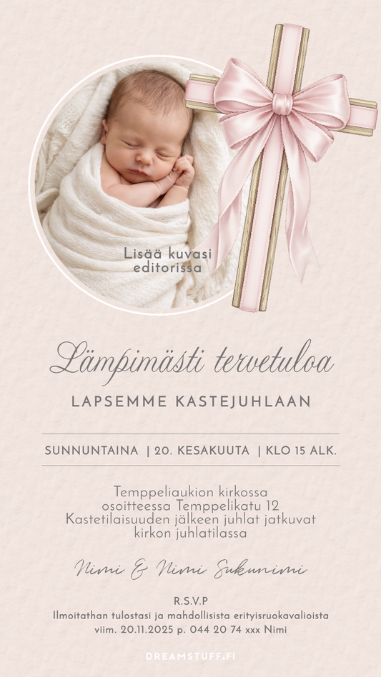 Digitaalinen kutsu kastejuhlaan - Rusettiristi vaaleanpunainen