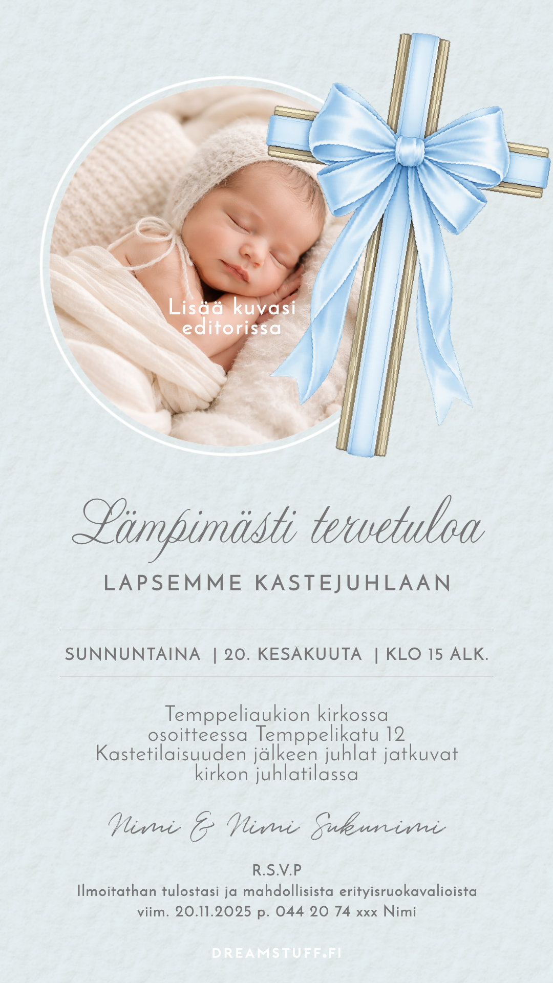 Digitaalinen kutsu kastejuhlaan - Rusettiristi vaaleansininen