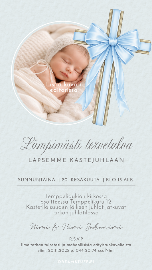 Digitaalinen kutsu kastejuhlaan - Rusettiristi vaaleansininen