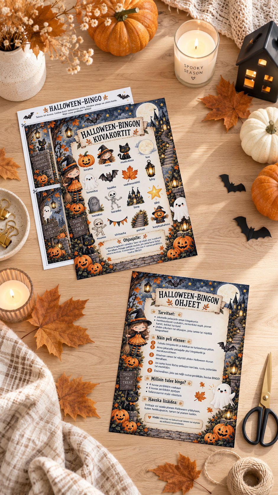 Lasten Halloween-juhlapaketti – digitaalinen kutsu, bingo, aarteenetsintä ja herkkupussilaput