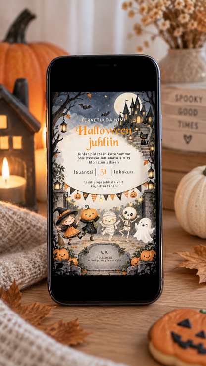 Lasten Halloween-juhlapaketti – digitaalinen kutsu, bingo, aarteenetsintä ja herkkupussilaput