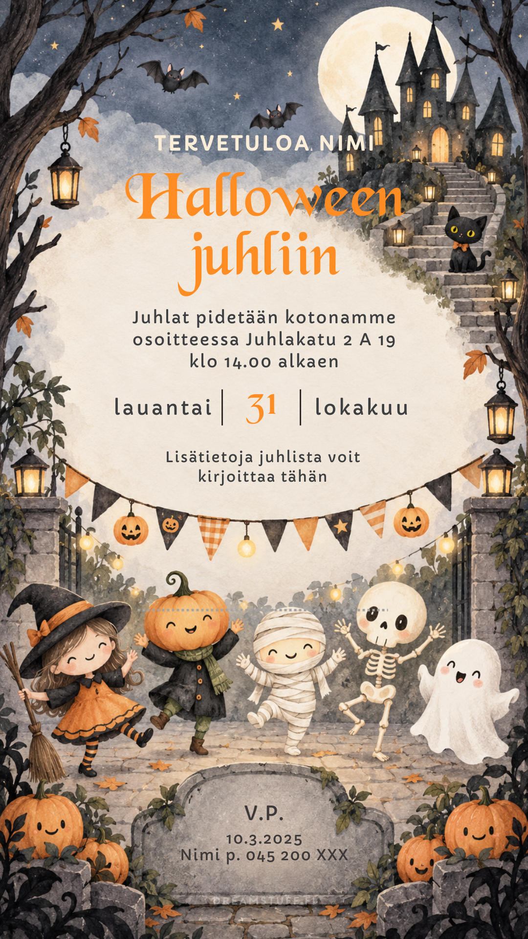 Lasten Halloween-juhlapaketti – digitaalinen kutsu, bingo, aarteenetsintä ja herkkupussilaput