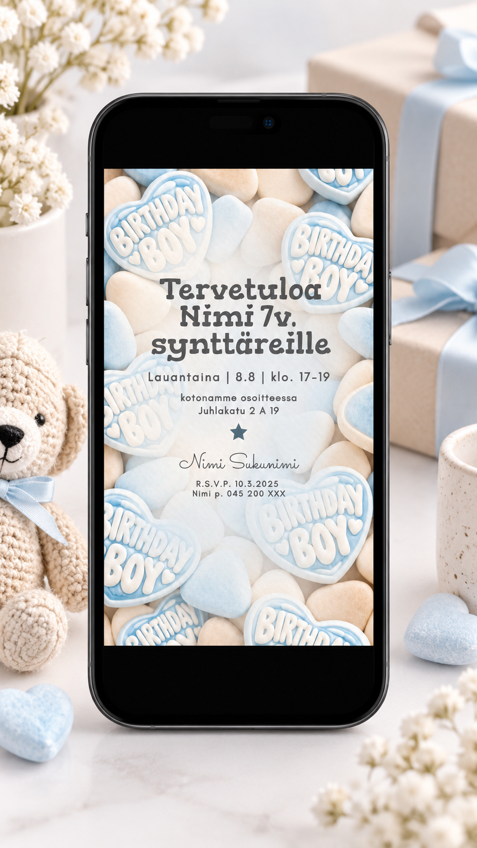 Muokattava digitaalinen lasten syntymäpäiväkutsu puhelimen näytöllä, vaaleansininen Birthday Boy -karkkiaiheinen kutsu, pojan synttärikutsu