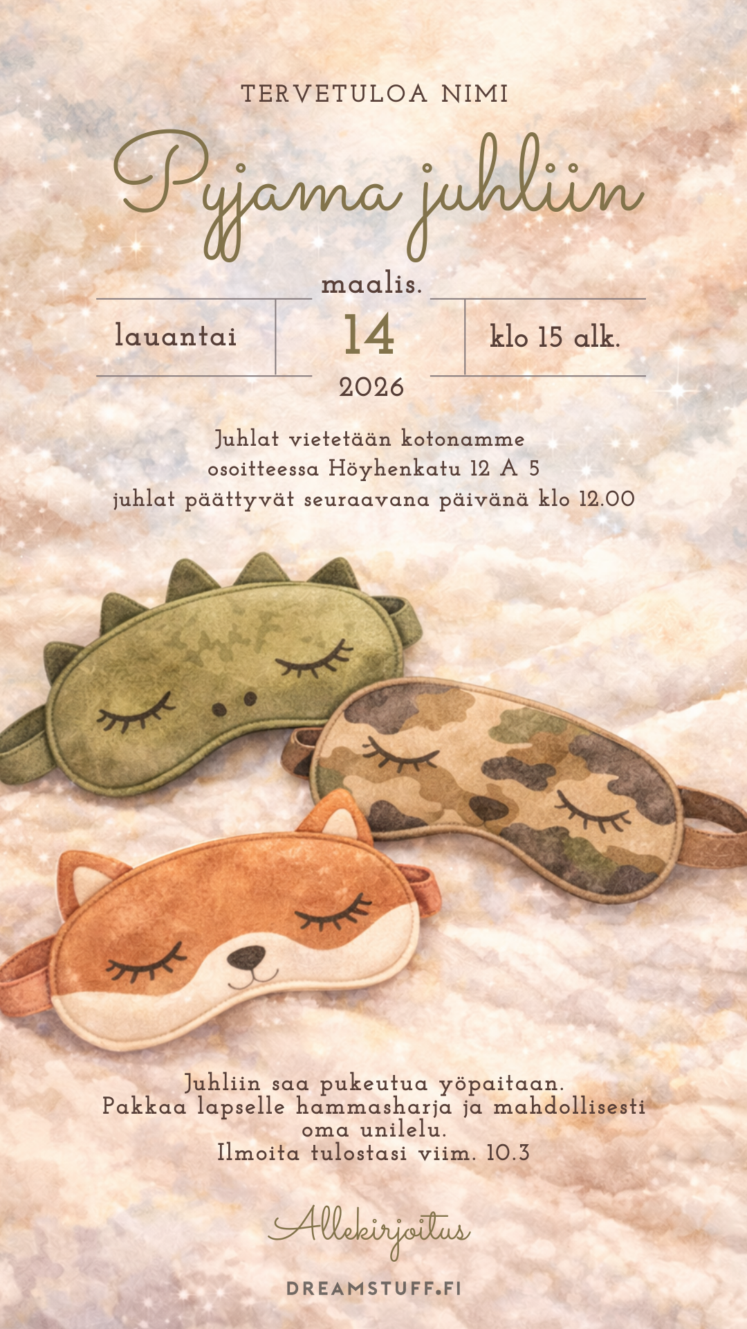 Digitaalinen lastenkutsu - Pyjama juhla pojalle