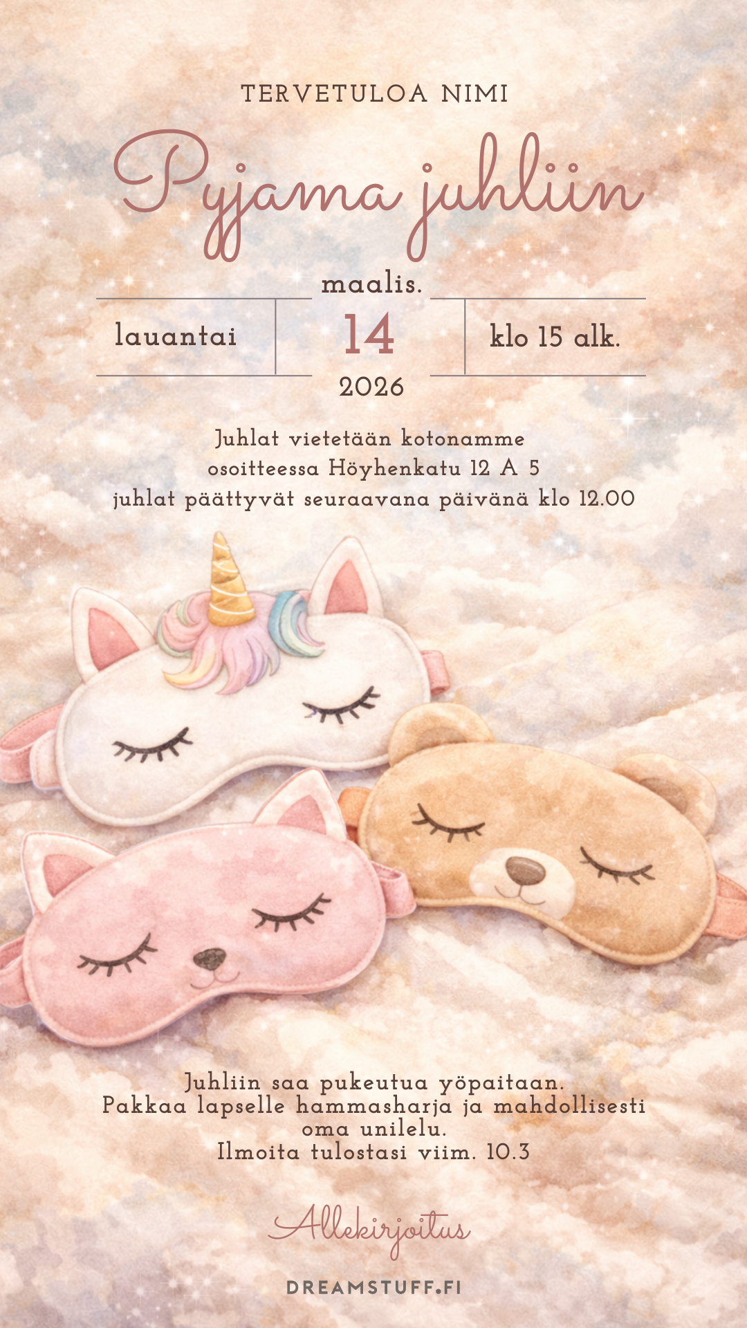 Digitaalinen lastenkutsu - Pyjama juhla tytolle
