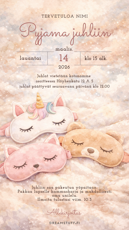 Digitaalinen lastenkutsu - Pyjama juhla tytolle