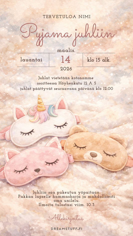 Digitaalinen lastenkutsu - Pyjama juhla tytolle