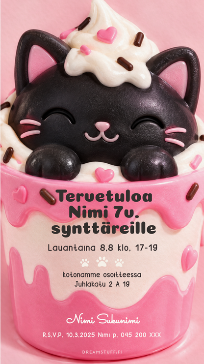 Muokattava digitaalinen lasten syntymäpäiväkutsu, squishy-tyylinen musta kissa pinkissä jäätelökupissa, söpö vaaleanpunainen birthday invitation