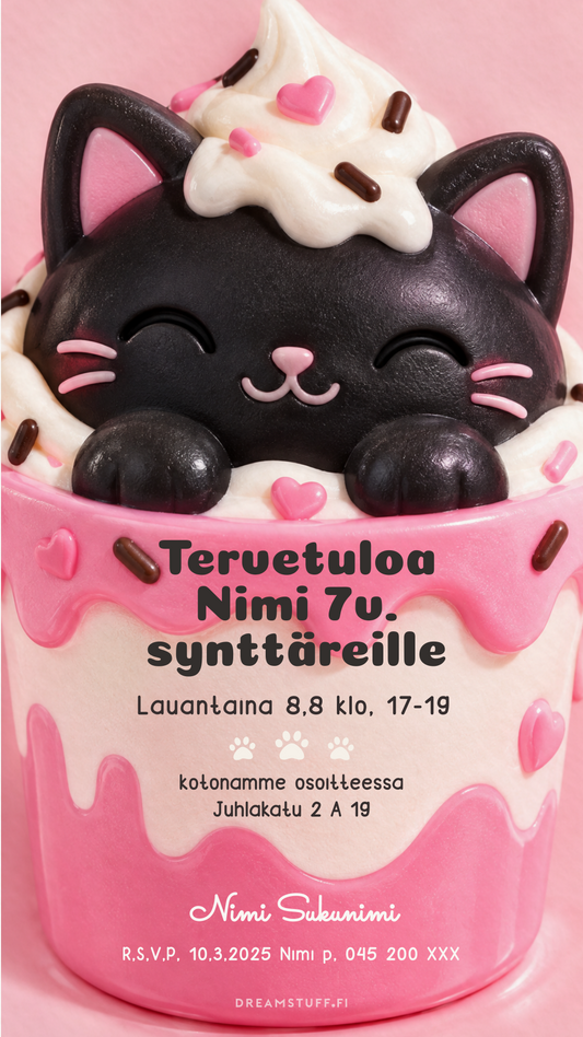 Muokattava digitaalinen lasten syntymäpäiväkutsu, squishy-tyylinen musta kissa pinkissä jäätelökupissa, söpö vaaleanpunainen birthday invitation