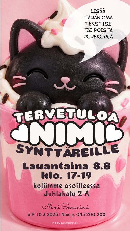 Digitaalinen syntymäpäiväkutsu lapsille – Squishy kissa | Muokattava kutsu (JPG)