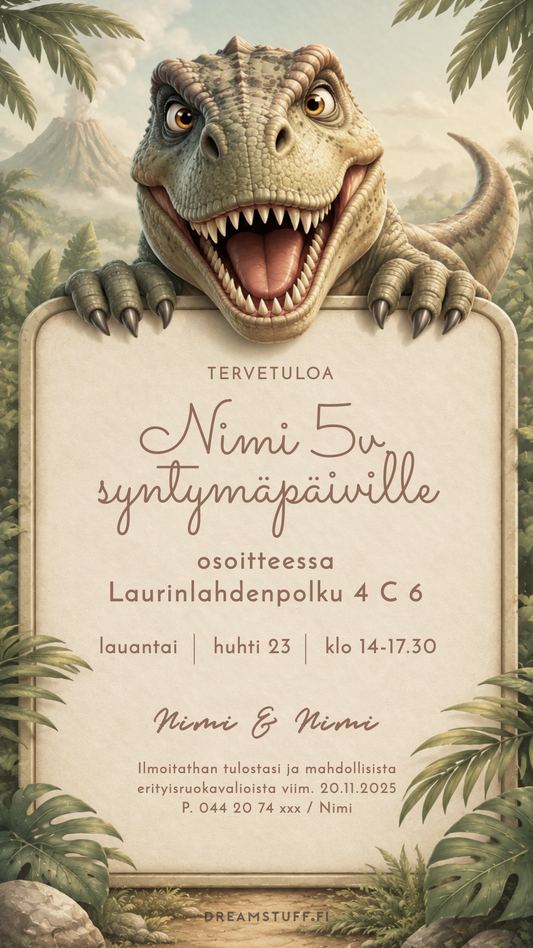 Digitaalinen lasten synttärikutsu dinosaurus teemalla – T-Rex viidakkokutsu 5-vuotissynttäreille | Dreamstuff sähköinen lastenkutsu
