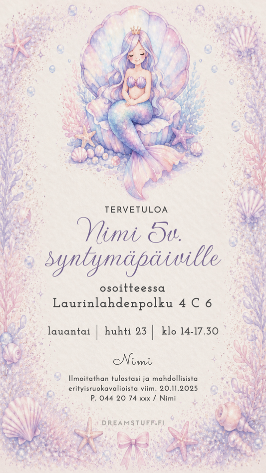Digitaalinen syntymäpäiväkutsu lapsille – Merenneito | Muokattava kutsu (JPG)