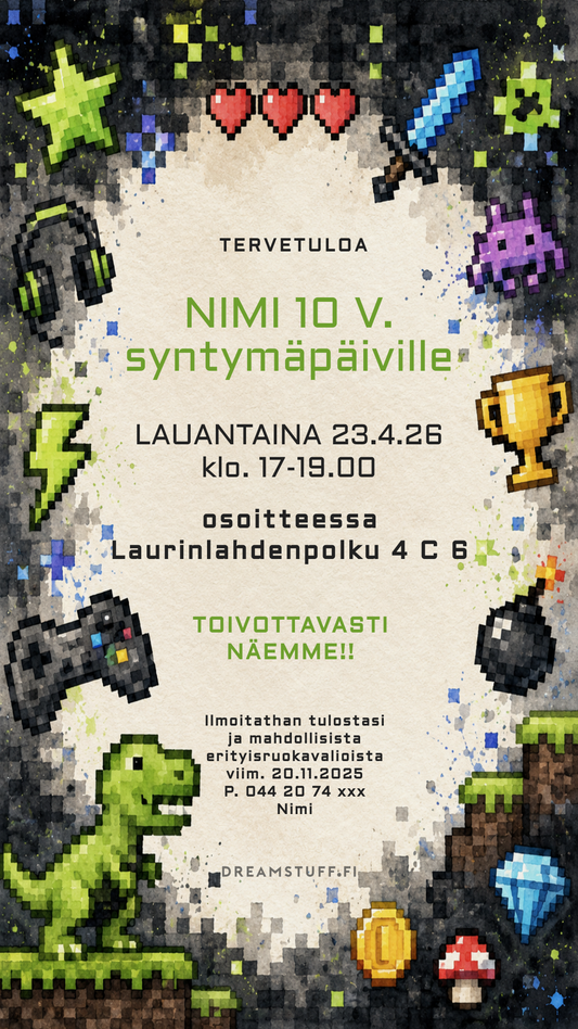Digitaalinen syntymäpäiväkutsu lapsille – pixel pelimaailma | Muokattava kutsu (JPG)