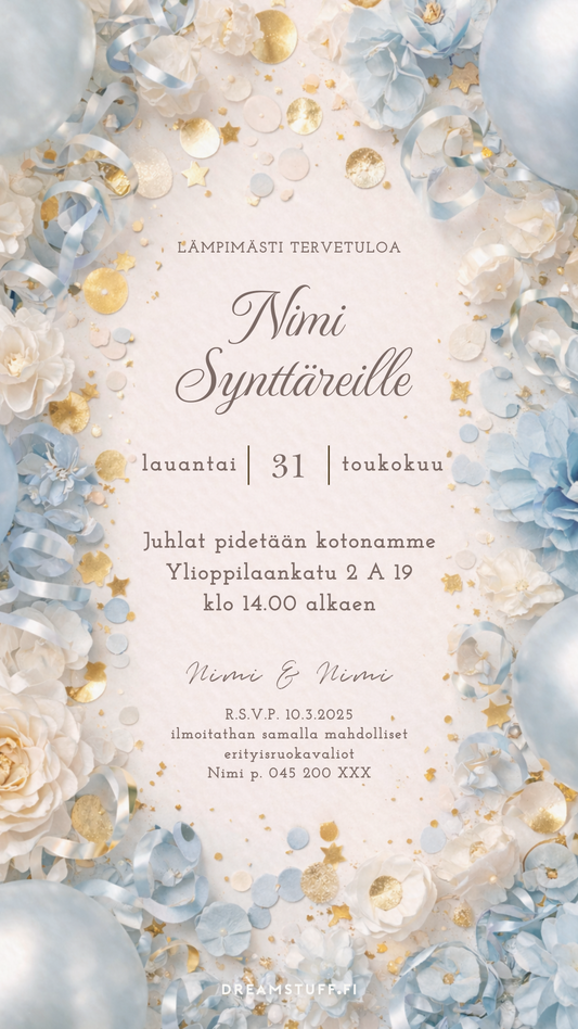 Digitaalinen kutsu – Pallot ja kukat | Muokattava kutsu JPG