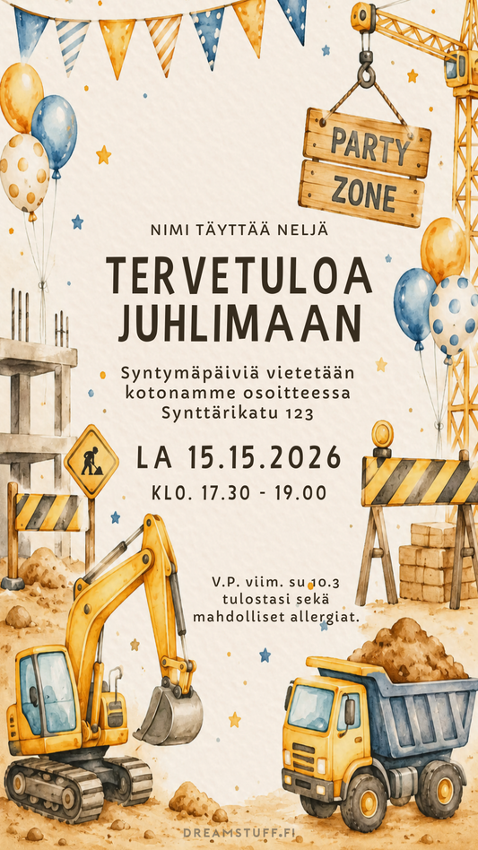 Digitaalinen rakennustyömaa syntymäpäiväkutsu lapselle – kaivuri, kuorma-auto ja työmaa-aiheinen kutsupohja synttäreille