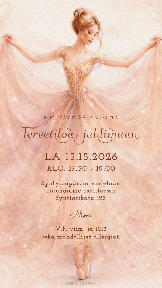 Digitaalinen balettiaiheinen lasten synttärikutsu kännykän näytöllä – vaaleanpunainen ballerina sähköinen kutsupohja