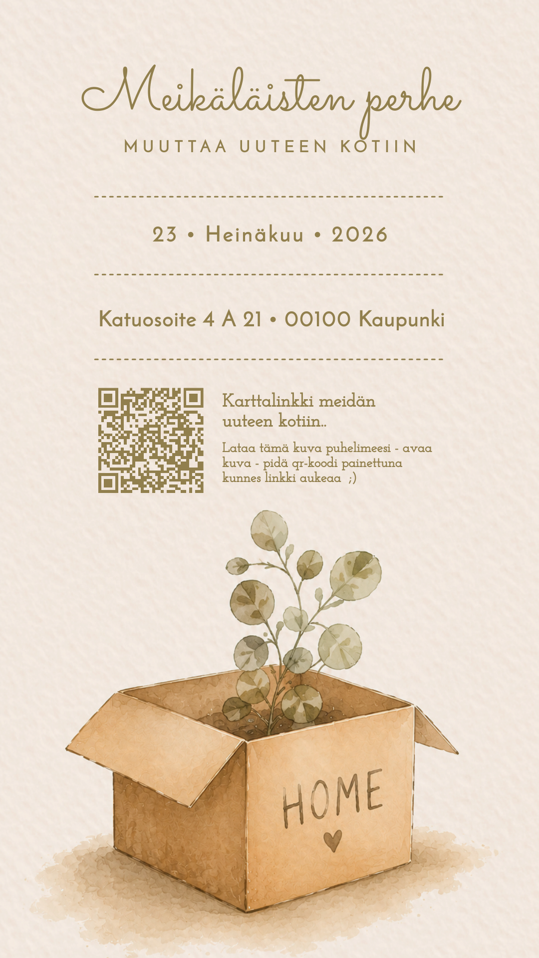 Muokattava digitaalinen muuttoilmoitus QR-koodilla. Sähköinen muuttoilmoitus uudesta kodista, osoitetiedoilla ja karttalinkillä vesivärimäisessä muuttolaatikkoaiheessa.