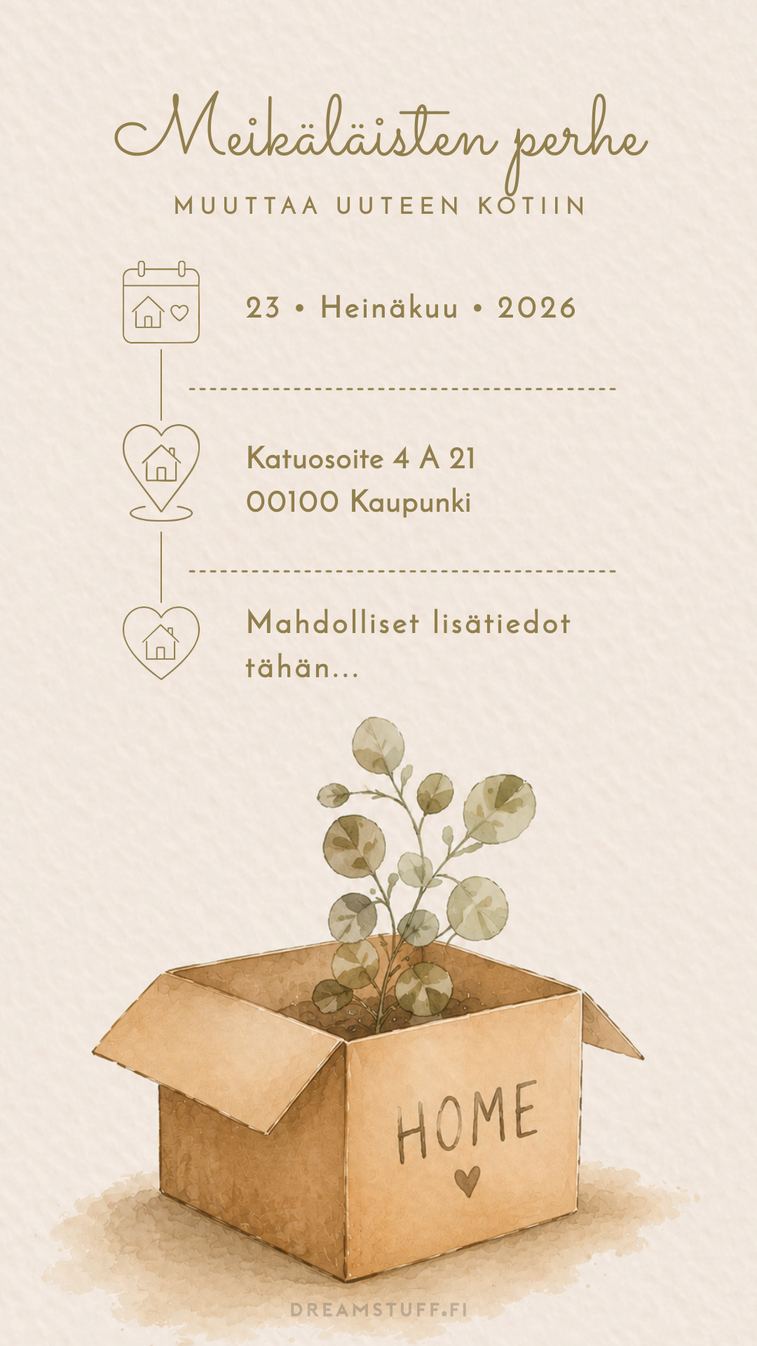 Digitaalinen muuttoilmoitus kasvi muuttolaatikossa -teemalla. Muokattava sähköinen muuttoilmoitus uudesta osoitteesta vaaleassa skandinaavisessa vesivärityylissä.