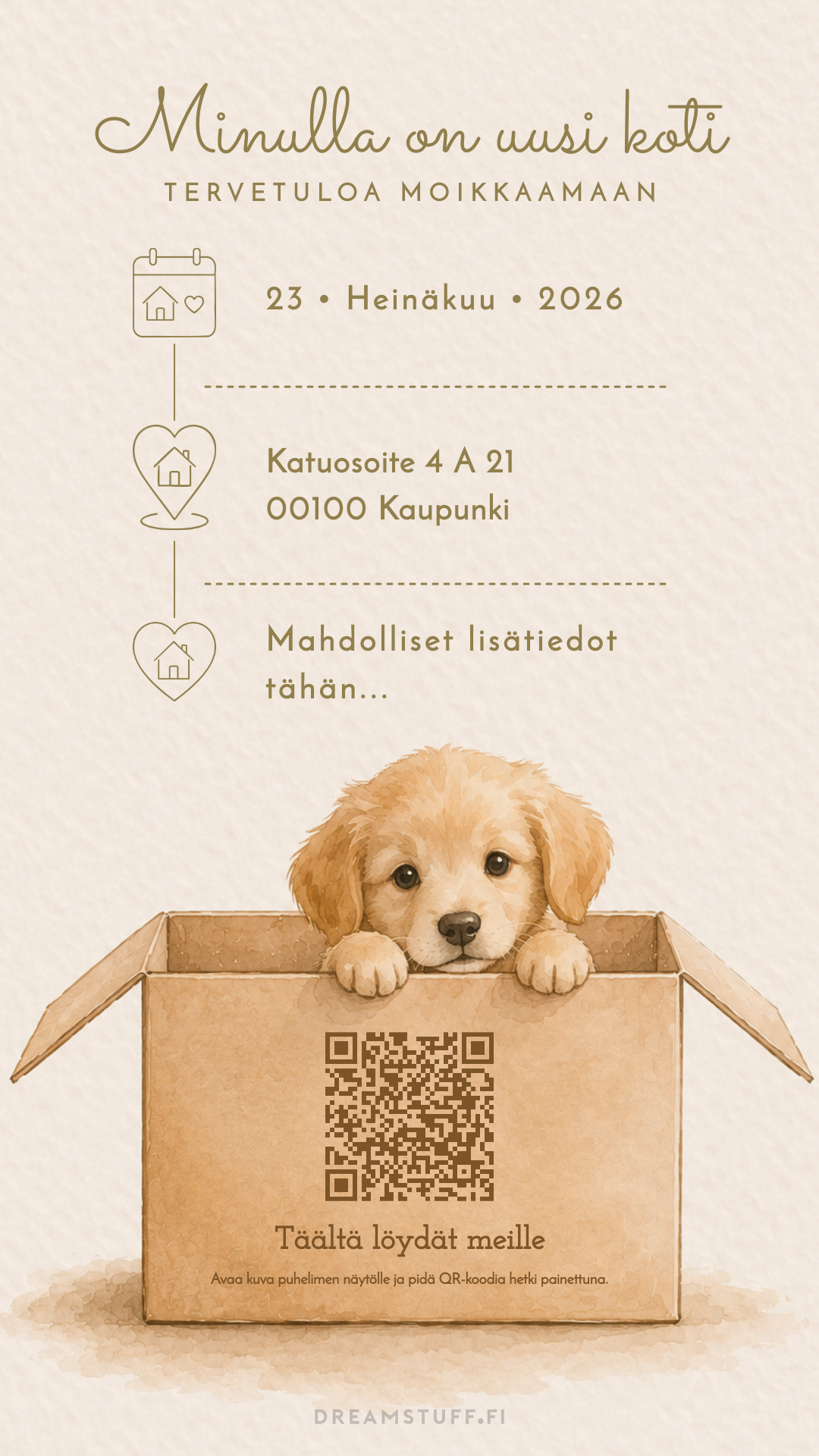 Digitaalinen muuttoilmoitus koiranpennulla muuttolaatikossa. Muokkaa osoite, päivämäärä, lisätiedot ja QR-koodi helposti verkossa ja lähetä sähköisesti läheisille.