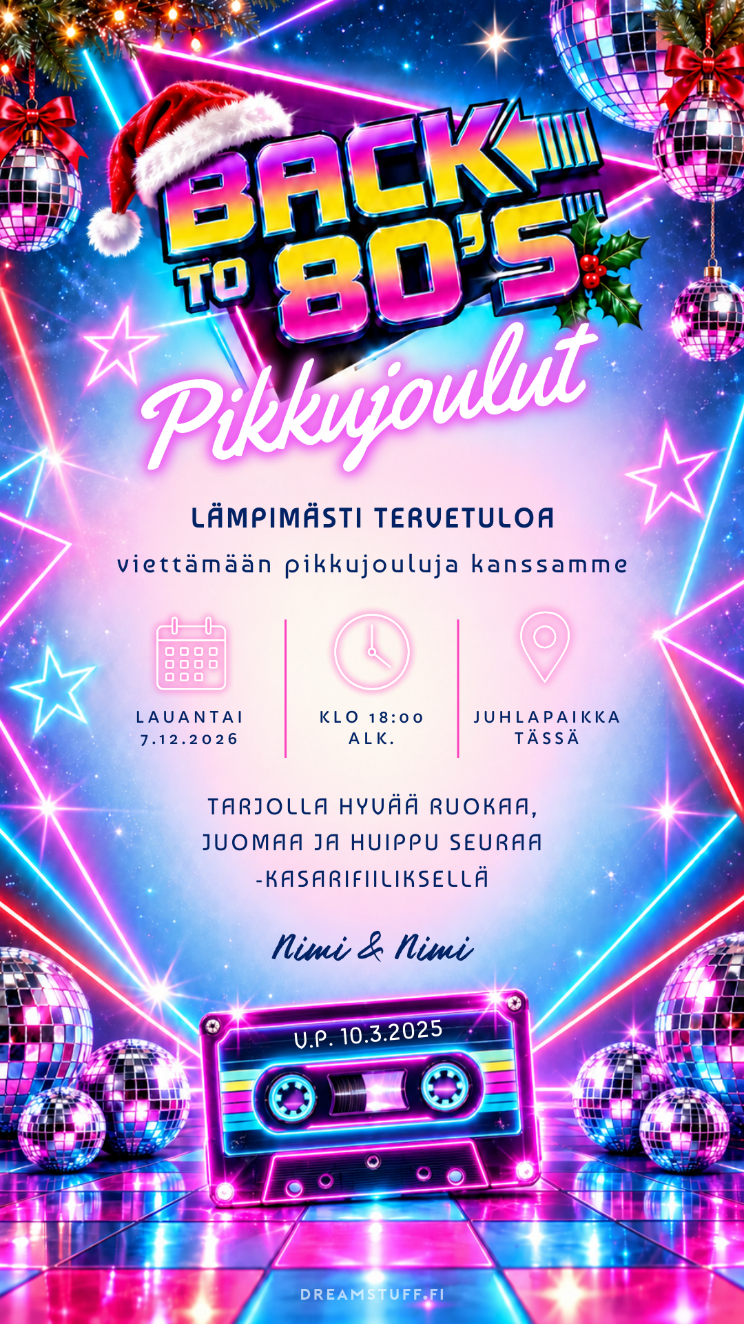 Digitaalinen pikkujoulukutsu – Back to 80`s | Muokattava kutsu (JPG)