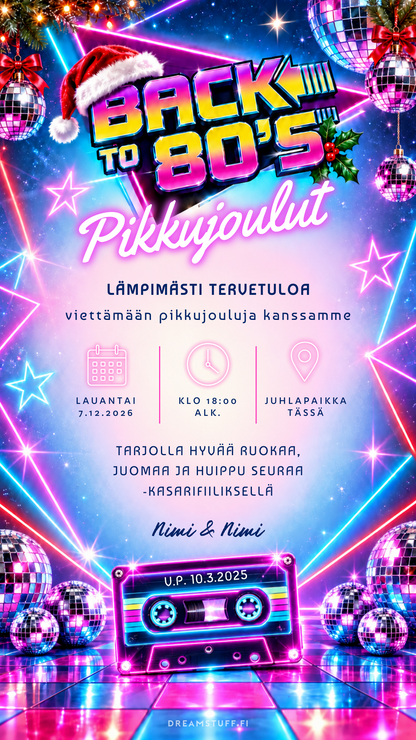 Digitaalinen pikkujoulukutsu – Back to 80`s | Muokattava kutsu (JPG)